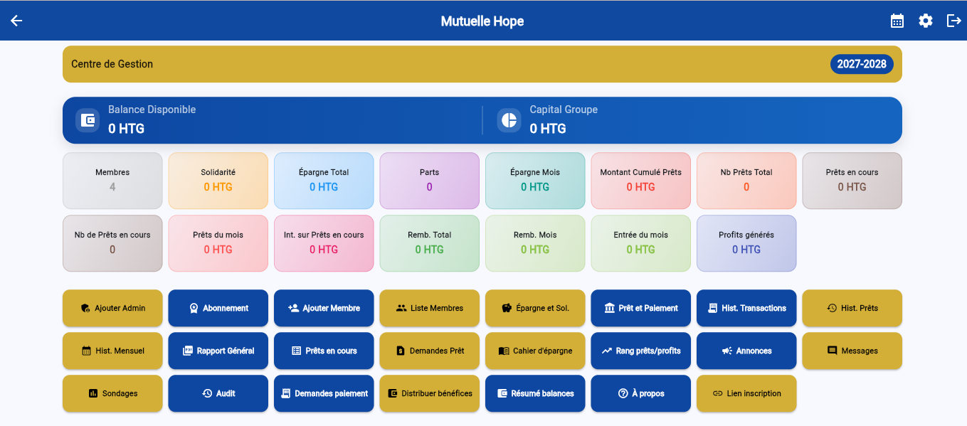 Tableau de bord administrateur : balance disponible, statistiques et accès rapide aux fonctionnalités